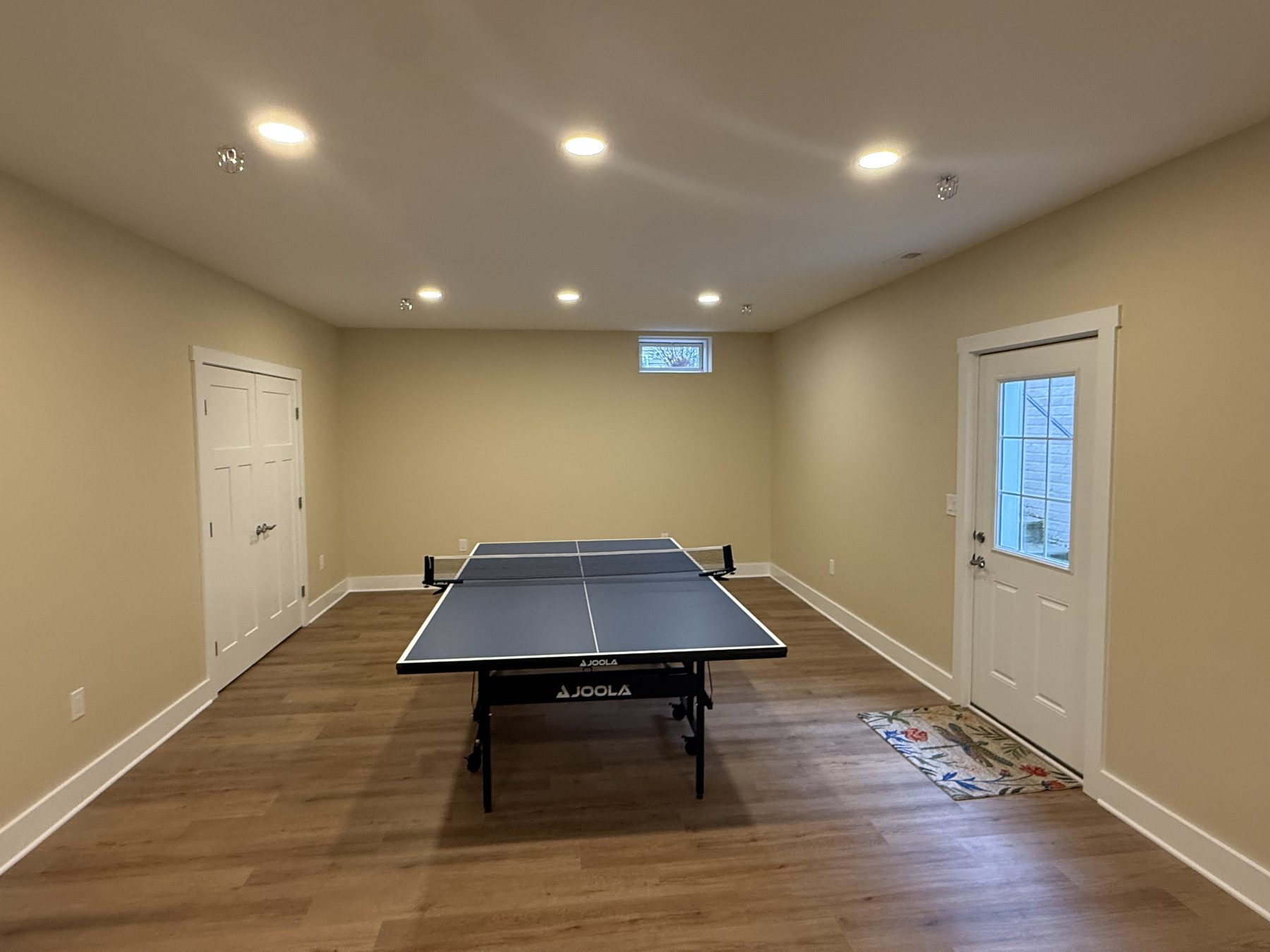 Finished basement recreation room with plank flooring and a new exterior door