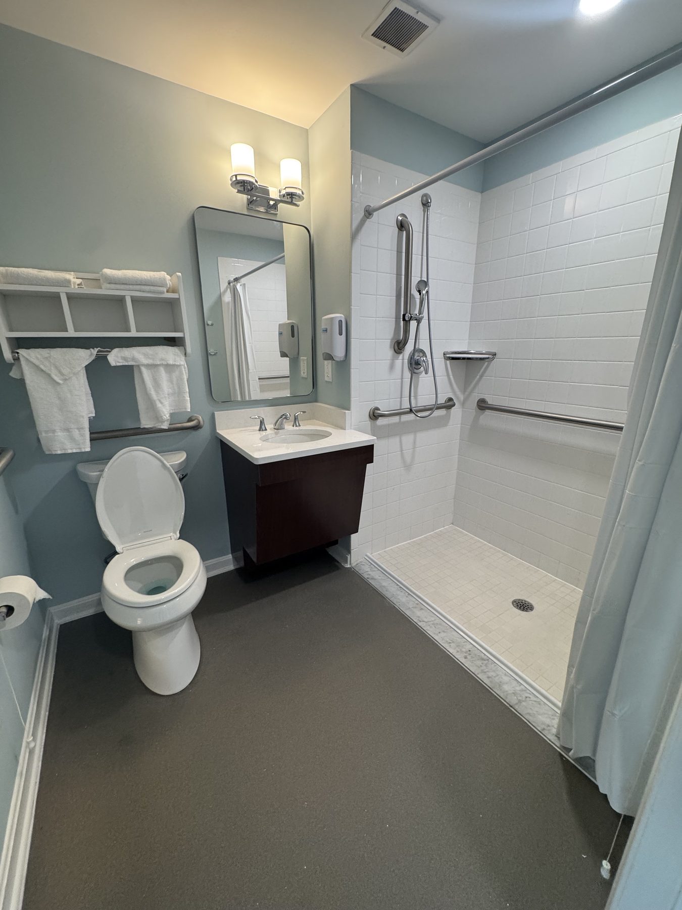 Accessible resident bathroom with a marble-curbed roll-in shower in an Annapolis-area healthcare facility